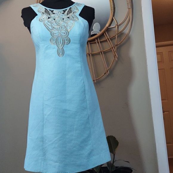 Lilly Pulitzer Gold Metallic Lace Breakwater Blue Jacquard Largo Shift Dres Sz 2 - Picture 4 of 14